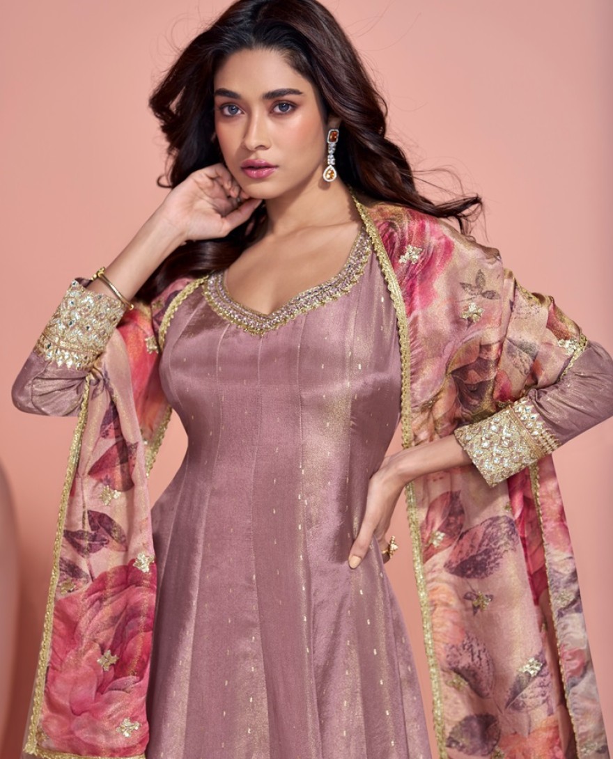 2025 - DULL MAUVE DESIGNER EMBROIDERED PURE JACQUARD SILK ANARKALI SUIT